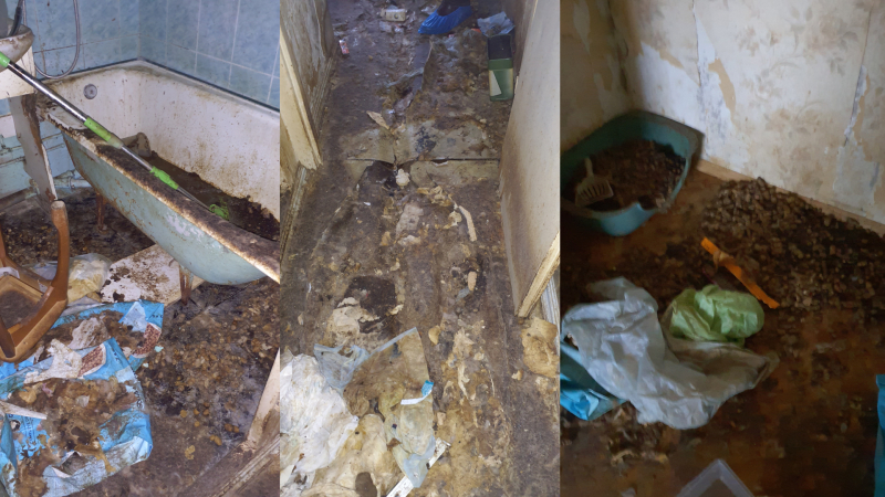 Kolāža ar trim fotogrāfijām, kurās redzamas netīras un antisanitāras telpas, piesārņota vanna, netīra grīda, atkritumi un dzīvnieku pakaišu kaste
