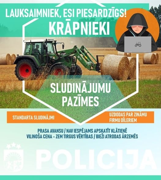Infografika, kura redzams teksts "Lauksaimniek, esi piesardzīgs! Krāpnieki. Sludinājumu pazīmes"
