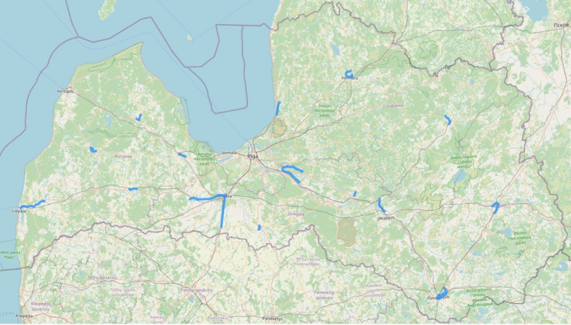 Latvijas karte ar iezīmētiem ceļu posmiem, kuros plānota protestu akcija