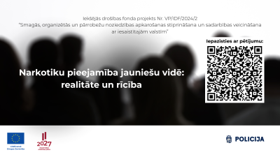 Attēlā redzami cilvēku tēli un apraksts par projektu un QR kods skenēšanai