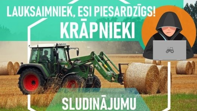 Infografika, kura redzams teksts "Lauksaimniek, esi piesardzīgs! Krāpnieki. Sludinājumu pazīmes"