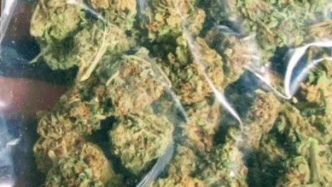 Zaļganbrūnas krāsas augu valsts izcelsmes viela caurspīdīgā plastikāta maisiņā