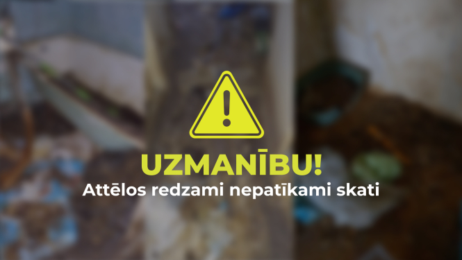 Brīdinājuma attēls ar dzeltenu izsaukuma zīmes ikonu un tekstu “Uzmanību! Attēlos redzami nepatīkami skati” uz aizmiglota fona