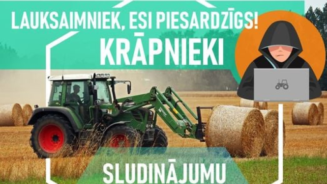 Infografika, kura redzams teksts "Lauksaimniek, esi piesardzīgs! Krāpnieki. Sludinājumu pazīmes"