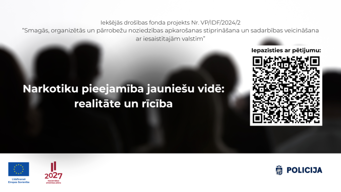 Attēlā redzami cilvēku tēli un apraksts par projektu un QR kods skenēšanai