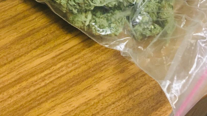 Uz galda redzams caurspīdīgs plastmasas maisiņš, kurā iekšā zaļas krāsas kaltēti augi un blakus salocītas 10 un 5 eiro naudas zīmes