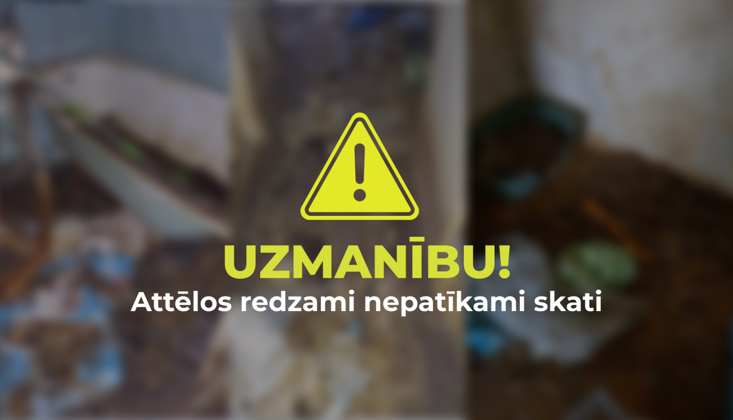 Brīdinājuma attēls ar dzeltenu izsaukuma zīmes ikonu un tekstu “Uzmanību! Attēlos redzami nepatīkami skati” uz aizmiglota fona