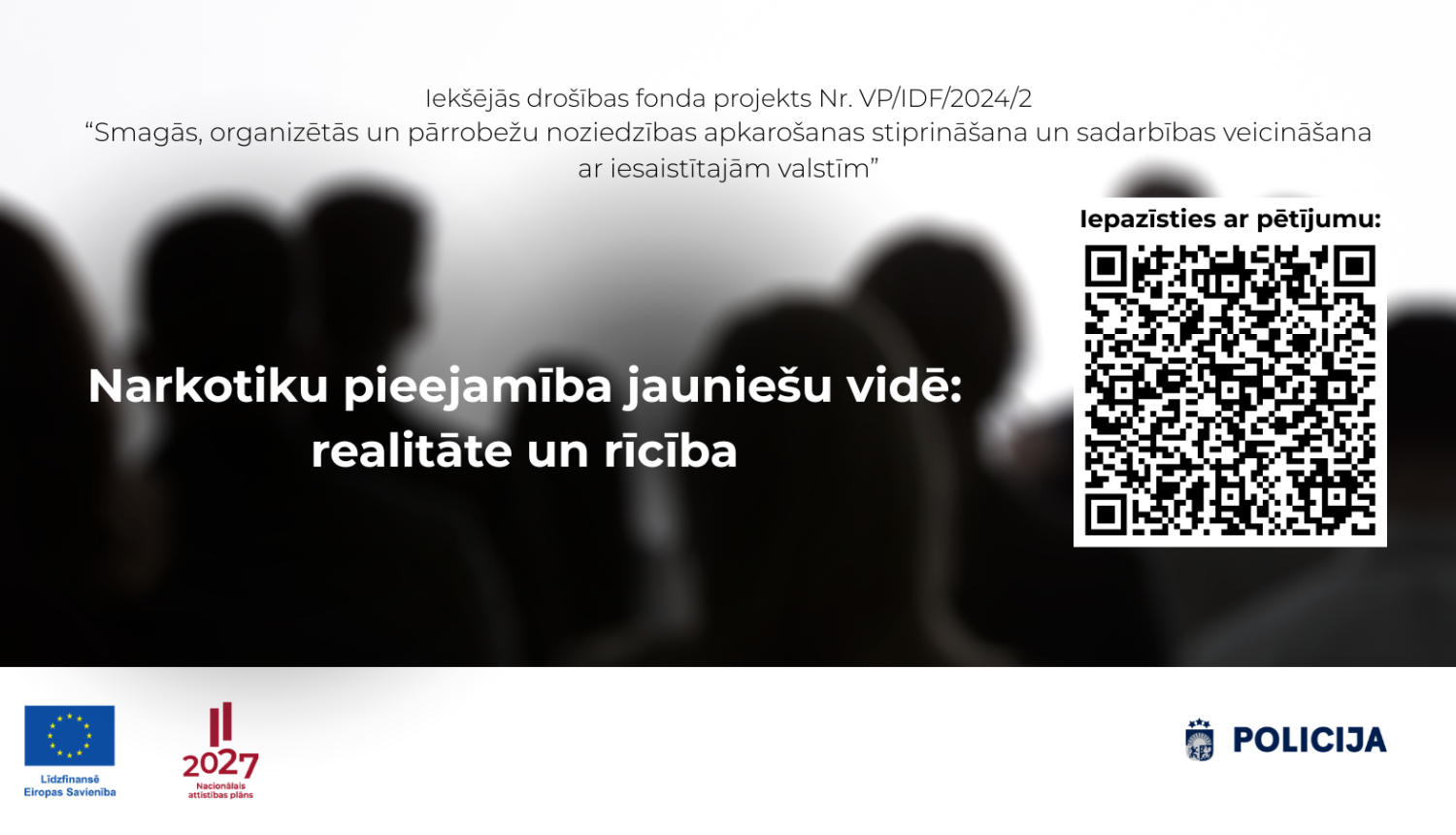Attēlā redzami cilvēku tēli un apraksts par projektu un QR kods skenēšanai