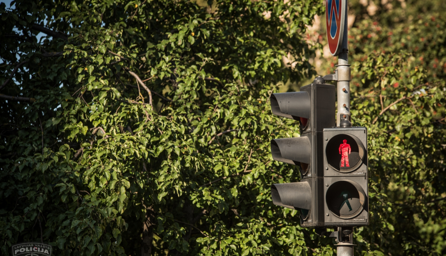 Luksofors, kurā redzams gājējiem sarkanais aizliedzošais signāls, fonā koks ar zaļām lapām