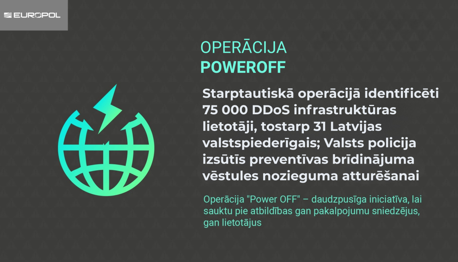 Tumšs informatīvs vizuālis par operāciju “Power OFF” ar Europol logotipu augšējā kreisajā stūrī, zili zaļu globusa un zibens ikonu kreisajā pusē un tekstu labajā pusē