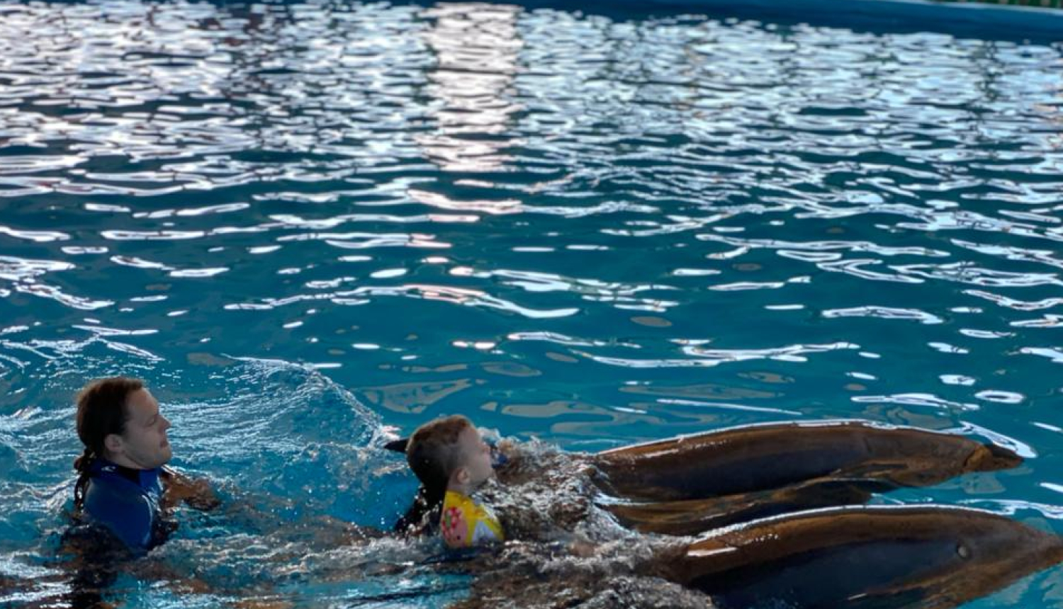 Policista dēls Rūdolfs peld kopā ar diviem delfīniem